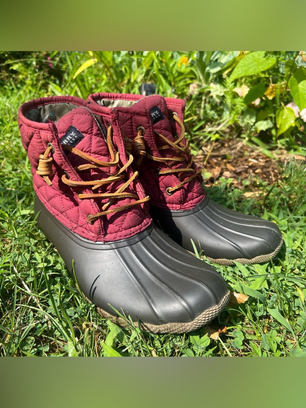 Sperry Quilted Ankle Duck Boots in Burgundy and Black Rubber